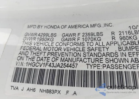 2018 Honda Accord Ex from USA, damaged, VIN 1HGCV1F43JA254457